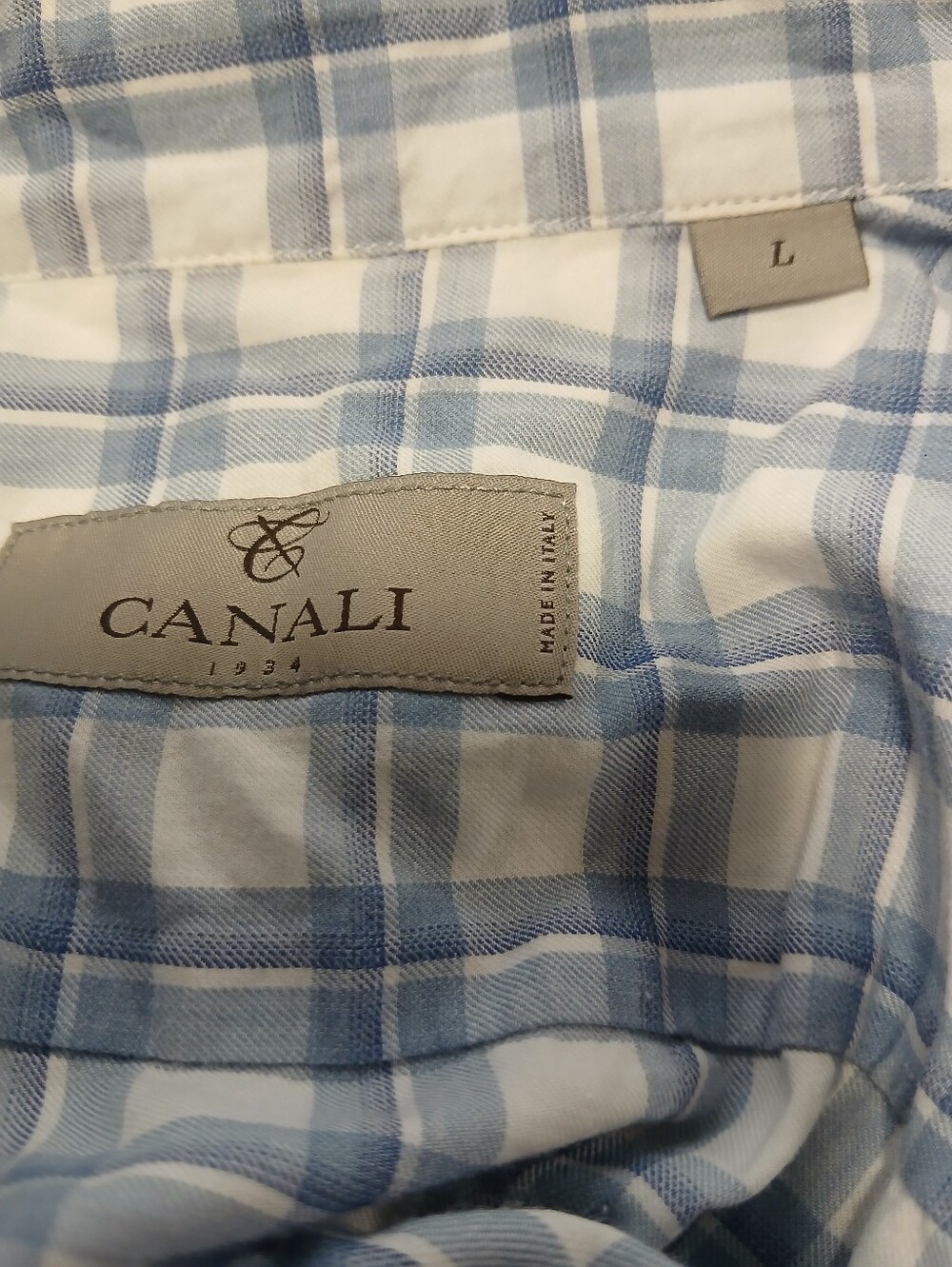 Canali Light Blue and White Plaid Button-Up Shirt - Picture 2 of 7